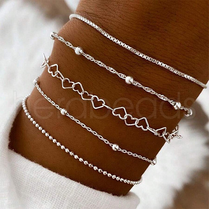 5Pcs 5 Styles Alloy Box Chain & Figaro Chain & Heart Link Chain & Ball Chain & Cable Chain Bracelets for Women WG8BA68-01-1