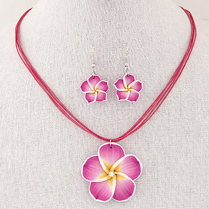 Flower Polymer Clay with Wax Cord Pendant Necklaces & Dangle Earrings Sets FS-WG2CAA9-05-1