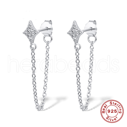 Cubic Zirconia Star with Tassel Dangle Stud Earrings for Women EJEW-F317-15P-1