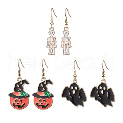 3Pairs 3 Styles Halloween Alloy Enamel Dangle Earrings EJEW-JE05823-1