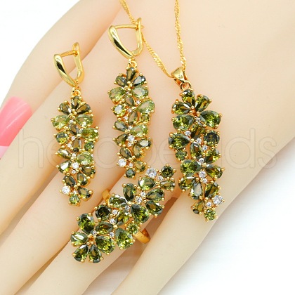 Leaf Brass Cubic Zirconia Pendant Necklace & Hoop Earring & Rings Sets FS-WG53533-05-1