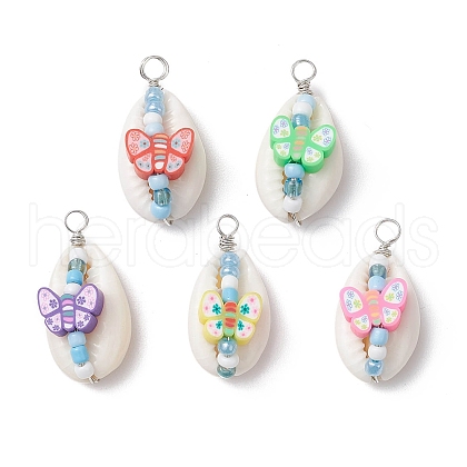 Natural Cowrie Shell & Handmade Polymer Clay Copper Wire Wrapped Pendants PALLOY-JF03818-02-1