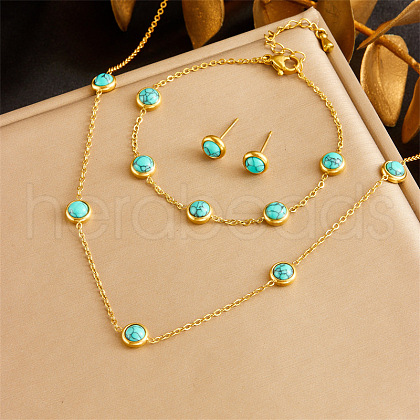 Stainless Steel & Synthetic Turquoise Chain Necklace & Bracelet & Stud Earring FS-WG047CA-07-1