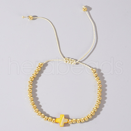 Adjustable Cross Shell Brass Braided Bead Bracelets for Women Summer Vacation BH1758-5-1