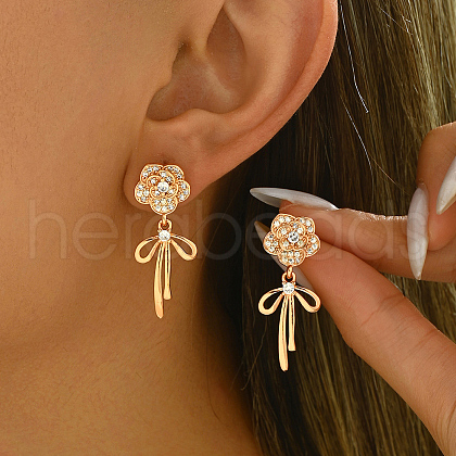 Elegant Brass Pave Clear Cubic Zirconia Flower with Bowknot Stud Earrings OP0904-1