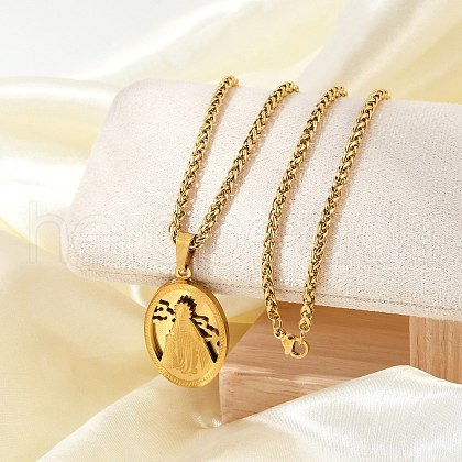 304 Stainless Steel Virgin Mary Pendant Wheat Chain Necklaces for Men NJEW-S387-09G-03-1