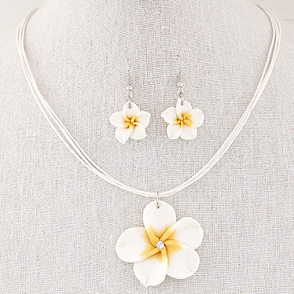 Flower Polymer Clay with Wax Cord Pendant Necklaces & Dangle Earrings Sets FS-WG2CAA9-04-1