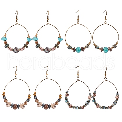 ANATTASOUL 3 Pairs 3 Style Bohemia Glass & Acrylic Beaded Circle Ring Dangle Earrings EJEW-AN0002-95-1