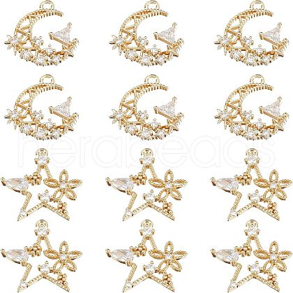  12Pcs 2 Styles Brass Micro Pave Cubic Zirconia Pendants ZIRC-NB0001-52G-1