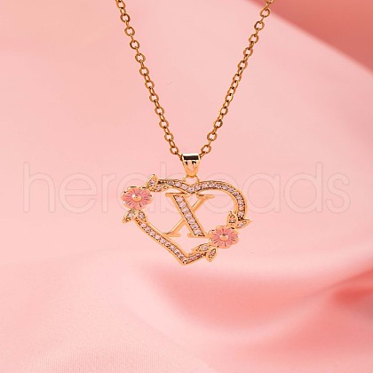 Brass Crystal Rhinestone Hollow Rose Heart with Letter Pendant Necklaces for Women WGC1928-24-1