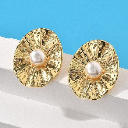 Oval Brass ABS Plastic Imitation Pearl Stud Earrings EJEW-S258-03G-1