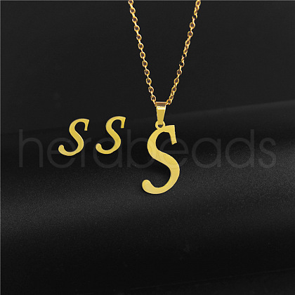304 Stainless Steel Letter Pendant Necklaces & Stud Earrings Sets WG4BFDA-19-1