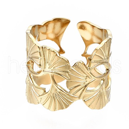 304 Stainless Steel Ginkgo Leaf Wrap Open Cuff Ring X-RJEW-T023-28G-1