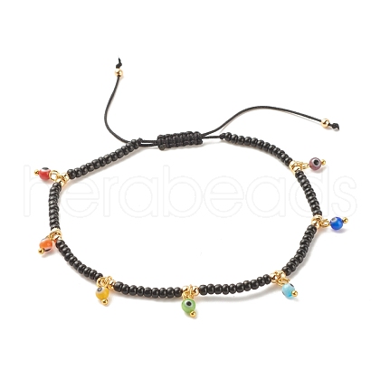 Glass Seed & Brass Braided Bead Anklet with Lampwork Evil Eye Charms AJEW-AN00484-01-1