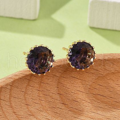Flat Round Brass Glass Stud Earrings EJEW-G428-01G-1
