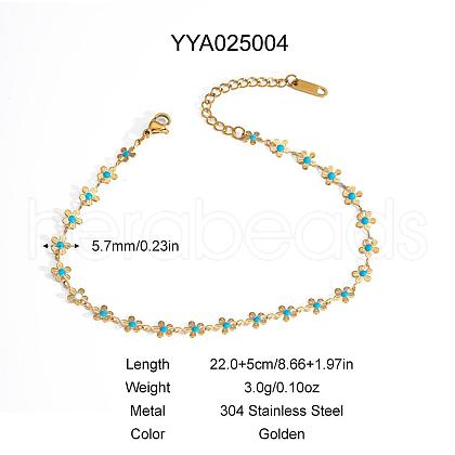 Elegant Stainless Steel Deep Sky Blue Enamel Daisy Flower Link Chain Anklets HM7489-2-1