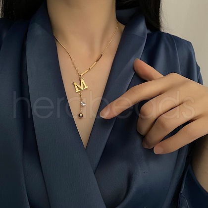 304 Stainless Steel Clear Cubic Zirconia Letter M Pendant Necklaces for Women FS-WG85B8F-01-1