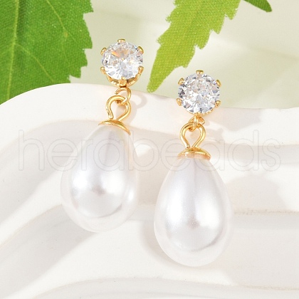 Teardrop with Flat Round 304 Stainless Steel Clear Cubic Zirconia Dangle Stud Earrings EJEW-F366-01G-02-1