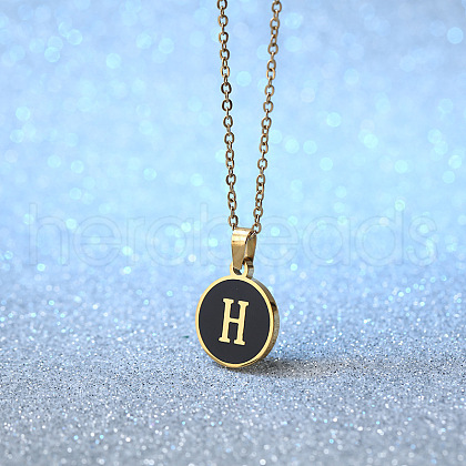 Alloy Black Enamel Flat Round with Letter Pendant Necklaces for Women WG4B845-08-1