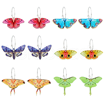 FIBLOOM 6 Pairs 6 Style Acrylic Butterfly Dangle Hoop Earrings EJEW-FI0001-34-1