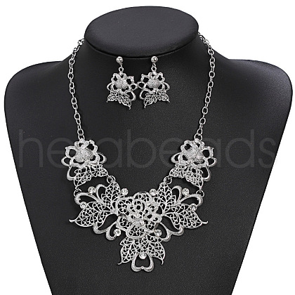 Flower Alloy Crystal Rhinestone Pendant Necklace & Stud Dangle Earrings Sets FS-WG71CED-02-1