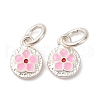 Fine Silver Pearl Pink Enamel Flat Round with Flower Charms STER-A047-04A-S-1