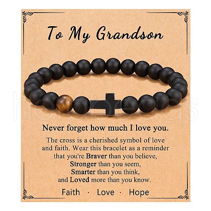 Cross Natural Tiger Eye & Frosted Black Obsidian Round Beads Stretch Bracelets for Men Women WG92FBF-05-1