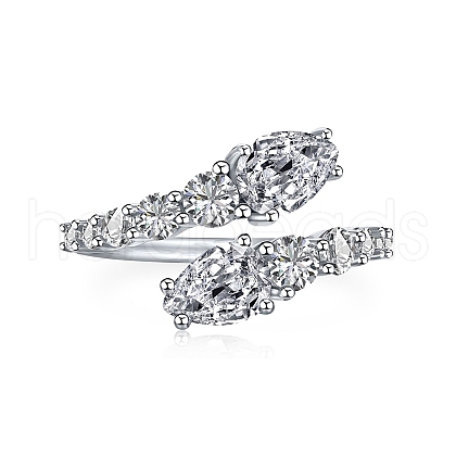 Rhodium Plated 925 Sterling Silver Snake Open Cuff Rings with Cubic Zirconia RJEW-F150-76P-1