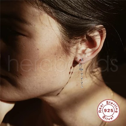 S925 Sterling Silver Clear Cubic Zirconia Tassel Stud Earrings FD9909-2-1