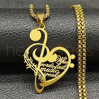 304 Stainless Steel Musical Note Heart Quote Pendant Necklaces NJEW-K283-03G-1