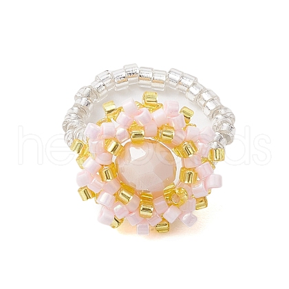 Flower Glass Seed Beaded Stretch Rings for Women RJEW-MZ00022-03-1