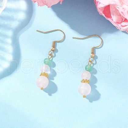 Round Natural Malaysia Jade & Rose Quartz Beaded Dangle Earrings EJEW-JE06471-1