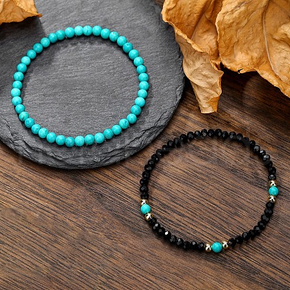 Synthetic Turquoise & Brass Stretch Bracelets PW-WG3F67C-01-1