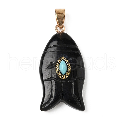 Natural Black Obsidian & Synthetic Turquoise Carved Pendants G-Z084-01G-07-1