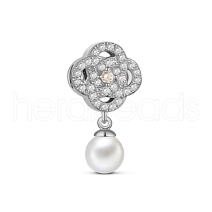 TINYSAND Rhodium Plated 925 Sterling Silver Charm Flower with Acrylic Pearl & Cubic Zirconia Pendant TS-C-190-1