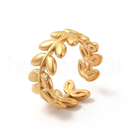 PVD Vacuum Plating 304 Stainless Steel Leafy Branch Open Cuff Ring for Women RJEW-P081-01G-1