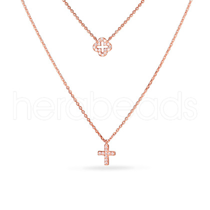 TINYSAND CZ Jewelry 925 Sterling Silver Cubic Zirconia Cross Pendant Two Tiered Necklaces TS-N022-RG-18-1