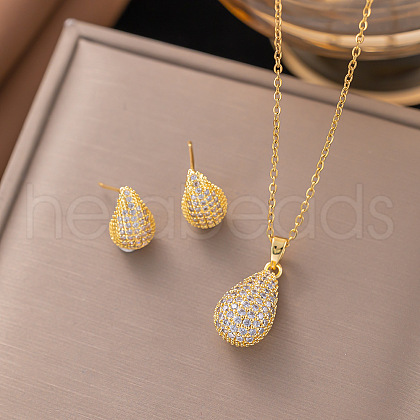 Brass Micro Pave Clear Cubic Zirconia Stud Earrings & Pendant Necklaces Sets FS-WG8C3C9-05-1