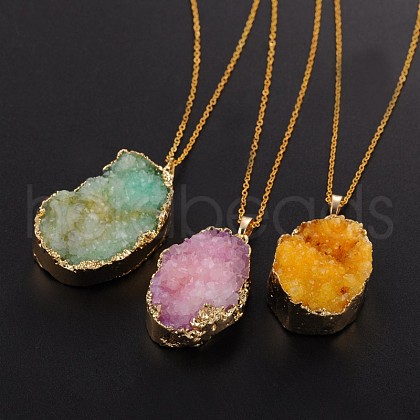 Vogue Design Brass Natural Druzy Agate Pendant Necklaces NJEW-JN01138-1