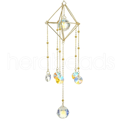 Glass Round Ball with Brass Chains Hanging Pendant Decorations HJEW-JM01298-1