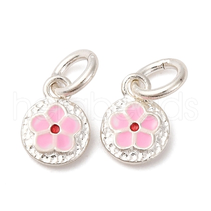 Fine Silver Pearl Pink Enamel Flat Round with Flower Charms STER-A047-04A-S-1