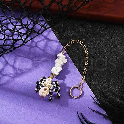 Halloween Theme Spider & Skull Dyed Synthetic Turquoise & Glass Seed Beads Pendant Decorations HJEW-MZ00282-03-1