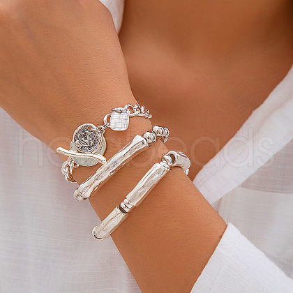 3pcs 3 Styles Curb Chain Bracelet & Banboom Bangles Set WGE7C54-09-1