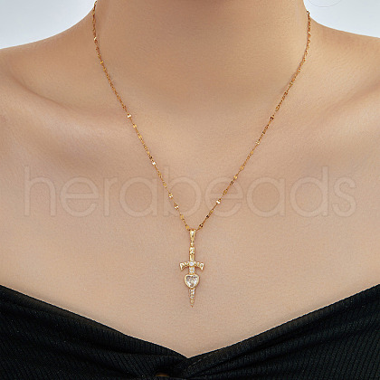 Elegant Vintage Style Brass Clear Cubic Zirconia Heart Sword Pendant Necklaces MI3084-1-1
