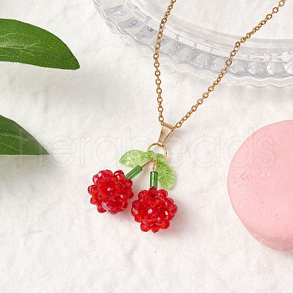 Glass Cluster Beaded Cherry with Acrylic Leaf Pendant Nacklaces NJEW-MZ00107-1