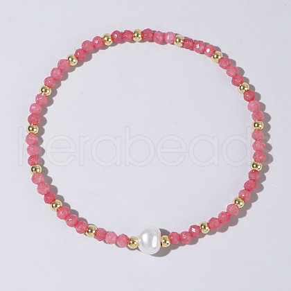 Synthetic Cherry Quartz Glass Beaded Stretch Bracelets for Women BG9690-6-1