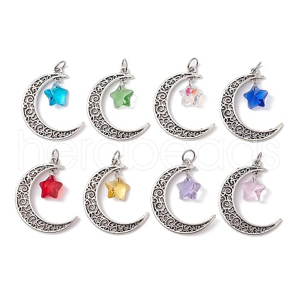 8Pcs 8 Color Glass Star & Alloy Moon Pendants PALLOY-JF02289-1