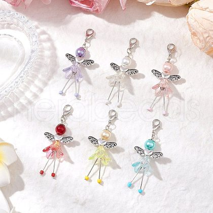 6Pcs 6 Colors Fairy Alloy Beaded & Glass & Acrylic Beaded Pendant Decoration HJEW-JM03064-1