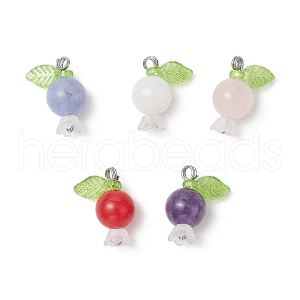 5Pcs 5 Styles Natural Amethyst & Quartz Crystal & Rose Quartz & White Jade & Dyed Malaysia Jade Round Pendants PALLOY-JF03962-01-1