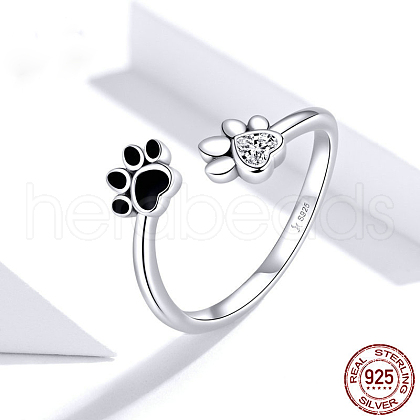 Paw Print 925 Sterling Silver Pave Clear Cubic Zirconia with Enamel Cuff Rings for Women FS-WGC521F-01-1